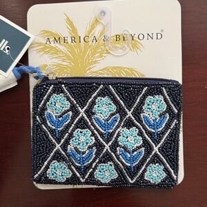America & Beyond Navy Floral Beaded Zip Card Holder